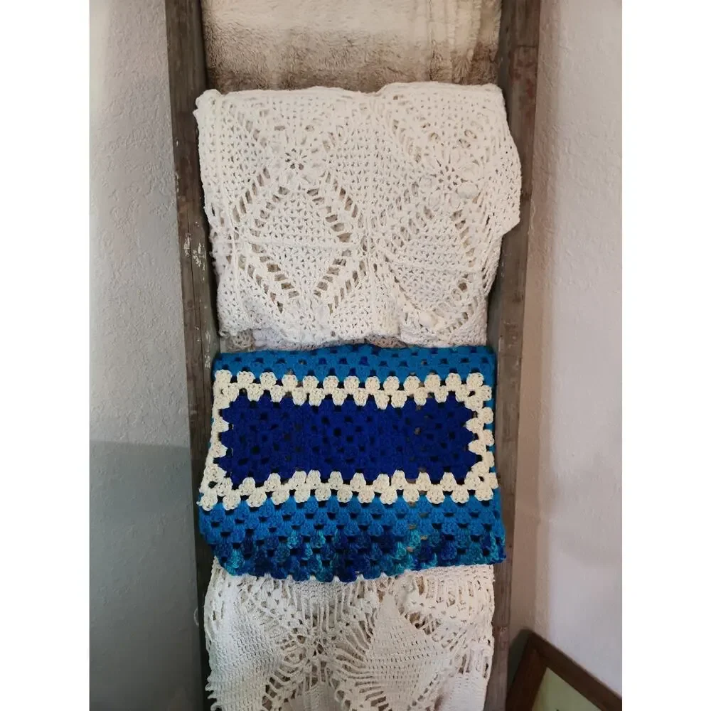 Handmade Crochet Afghan Blanket Blue Turquoise Cream Granny Stitch 38x28